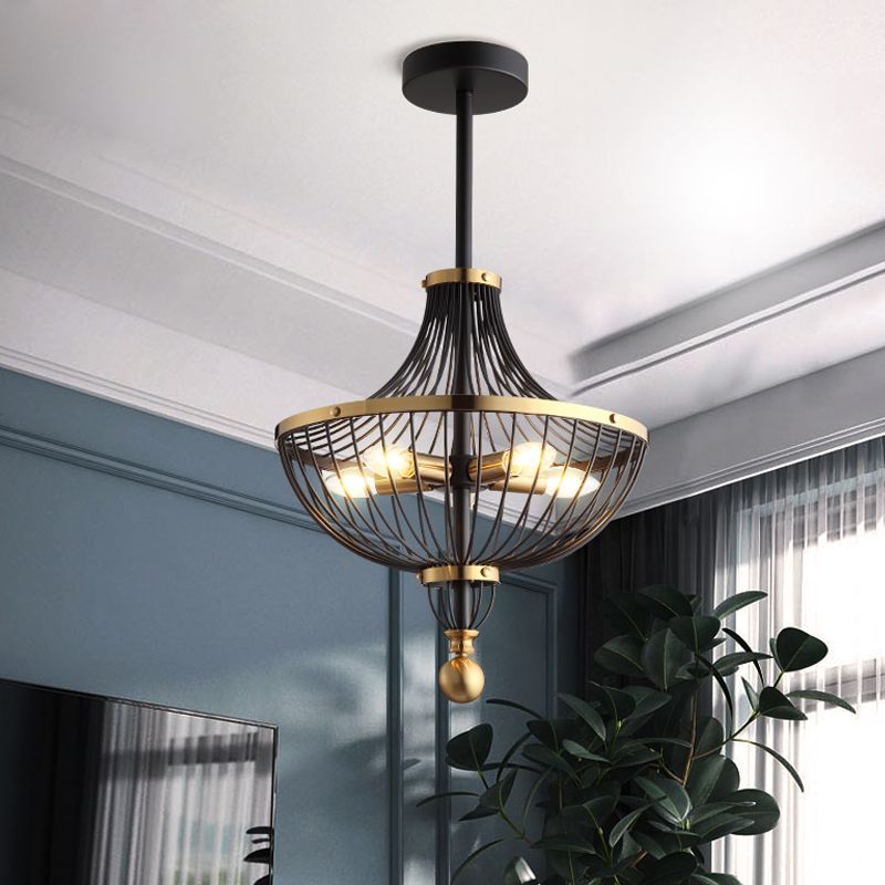 5 Lights Iron Ceiling Chandelier Vintage Black Finish Basket Cage Dining Room Hanging Light Kit