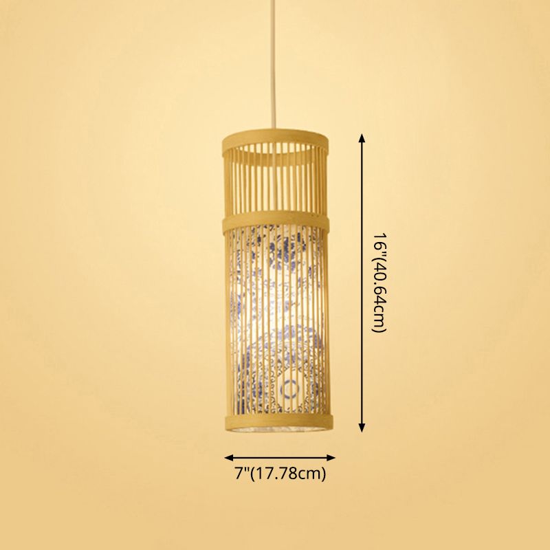 Chinoiserie gewebte Hängende Leuchten Bambus Single Tea Room Deckenleuchte mit Drucklampenkel