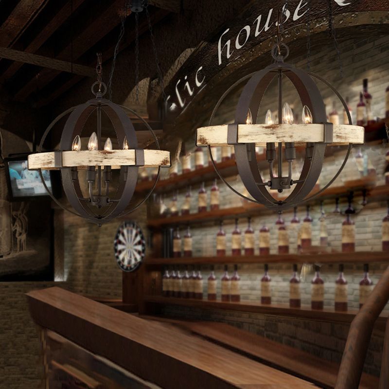 Lampada lampadina globale in legno rurale rurale a 4 teste a sospensione Luce a soffitto in marrone