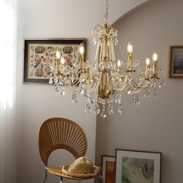American Chandelier Brass Multi Light Hanging Light with Crystal for Bedroom