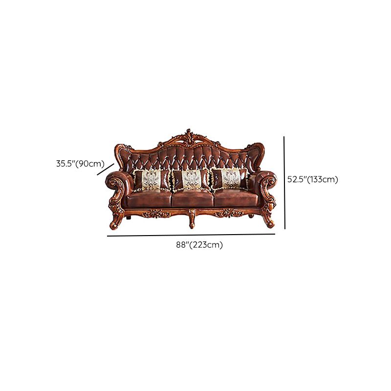 Tufted Split-Back Sofa Genuine Leather Rolled Arm Sofa in Brown