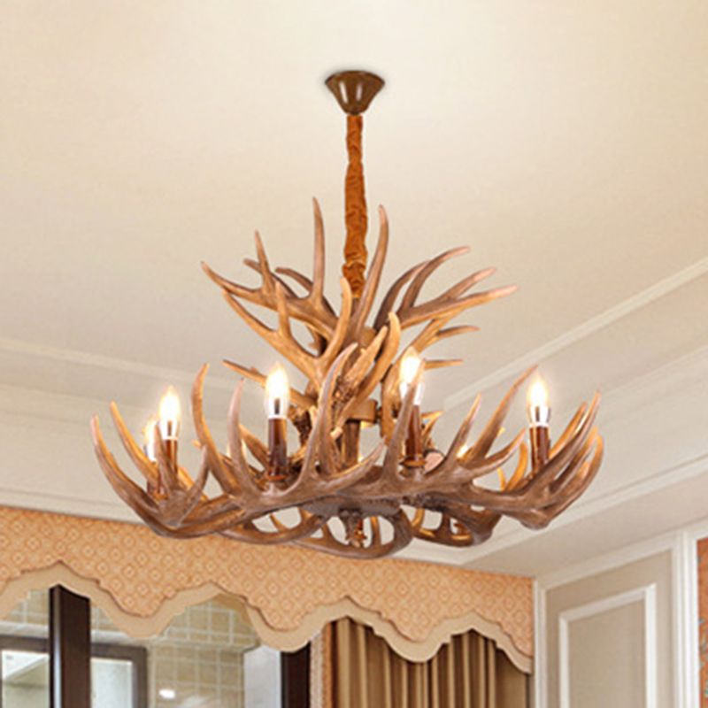 Brown Deer Horn Ceiling Lighting Traditional Resin Living Room Chandelier Light Fixture