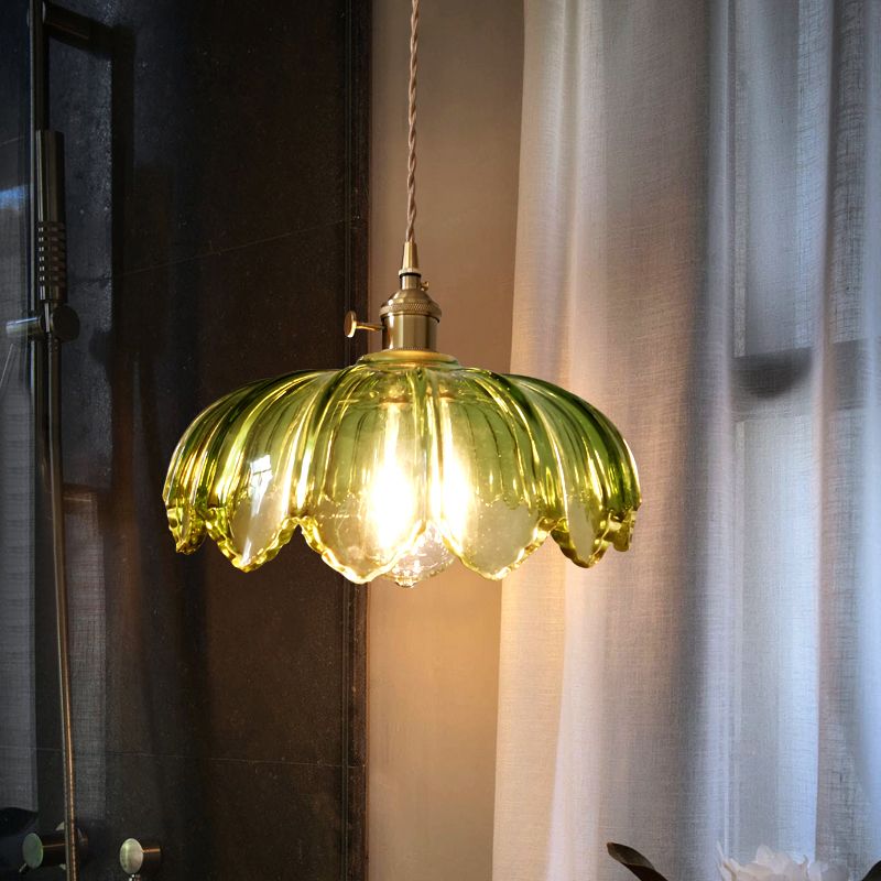 Green Glass Scalloped Shade Pendant Retro 1 Bulb Open Kitchen Hanging Ceiling Light in Brass