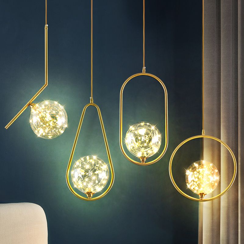 Globe Shape Ceiling Light Simplicity Clear Glass Bedroom LED Hanging Pendant Light in Brass
