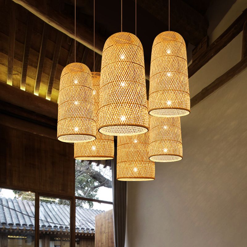 Bell/Bowl/Bottle Hallway Drop Pendant Criss-Cross Woven Bamboo Single-Bulb Asian Hanging Lamp in Beige