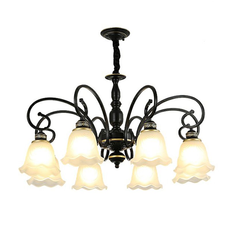 Rustikale Glockenschatten -Suspension hell weißes Glas Kronleuchter Licht mit Rüschenverkleidung für Esszimmer