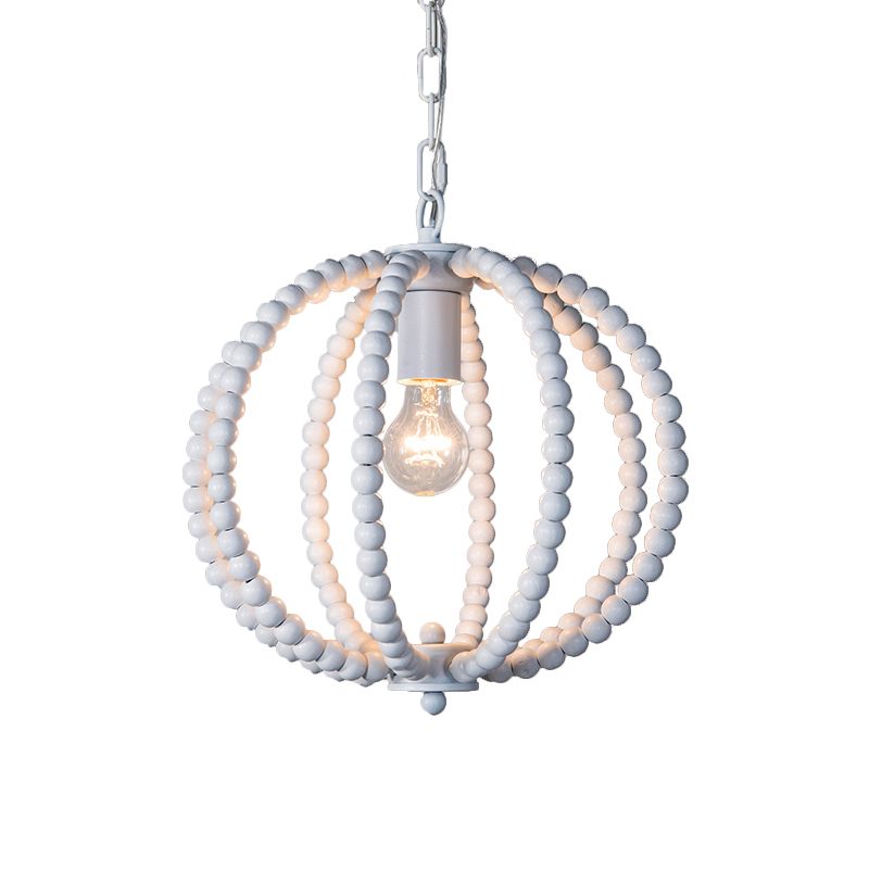 Wood Ceiling Chandelier Beaded Sphere Traditional Pendulum Light with Inner Candelabra Design
