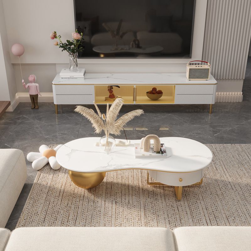 Glam Style Stone TV Stand White Colour Enclosed Storage TV Console with 2-Drawer