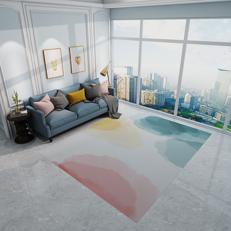Stylish Watercolor Pattern Rug Blue and Pink Contemporary Rug Flannel Pet Friendly Washable Area Rug for Living Room