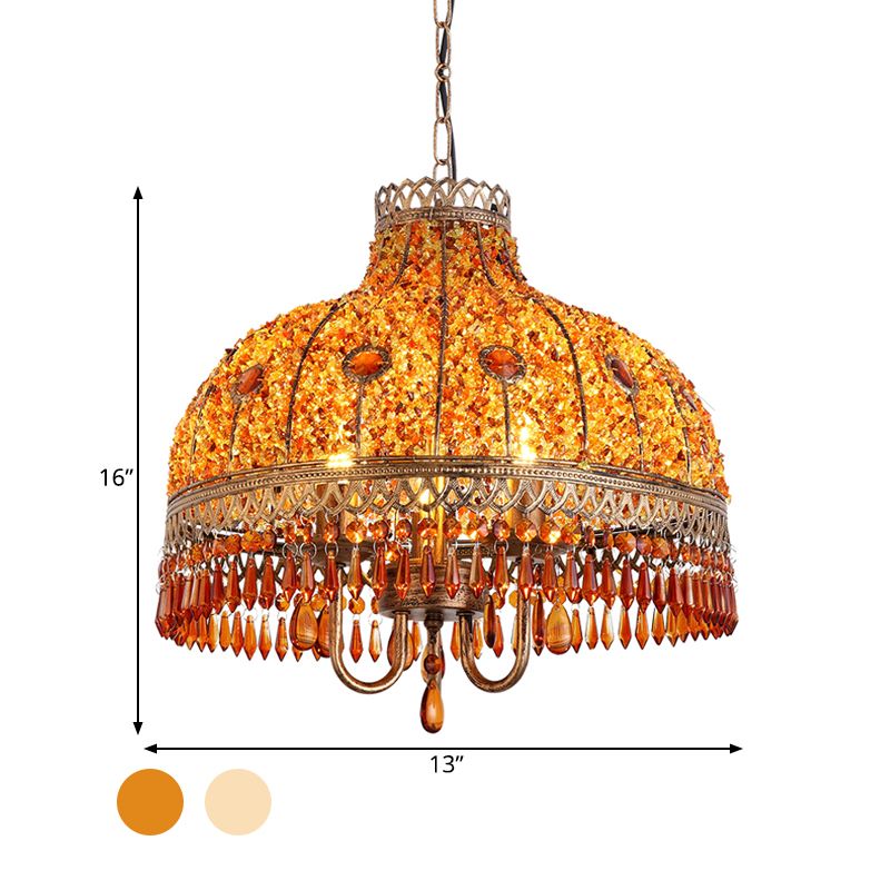 Bohemian Bowl Chandelier Lighting Fixture 3 Heads Metal Ceiling Pendant Light in White/Red/Yellow with Crystal Draping