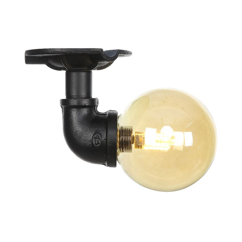1-Light Ball Semi Flush Mount Light Vintage Black Finish Amber Glass Ceiling Lamp Fixture