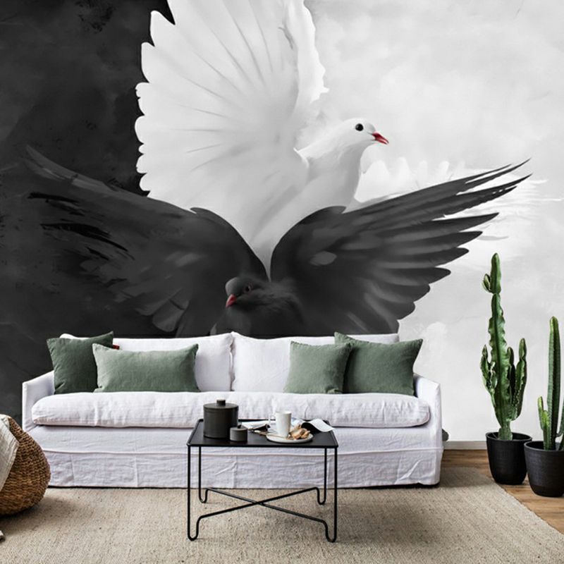 Illustration Pigeon Murals Wallpaper for Dining Room Decoration, Black and White, Custom Made