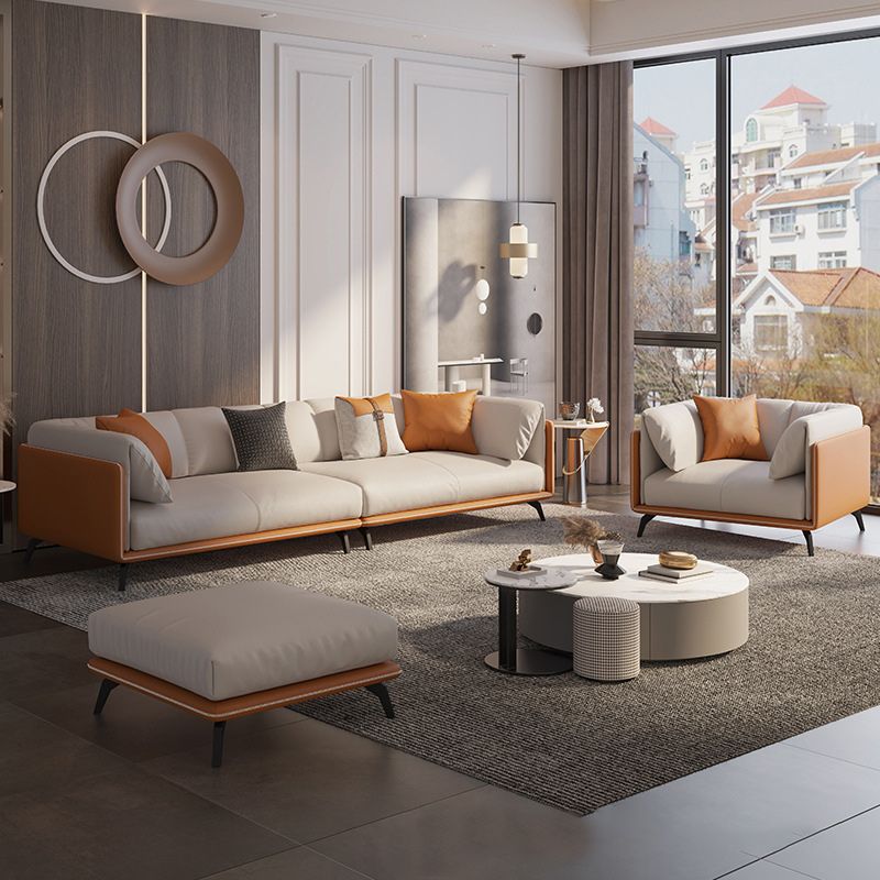 Contemporary Faux Leather Sofa with Tuxedo Arm in Orange and White