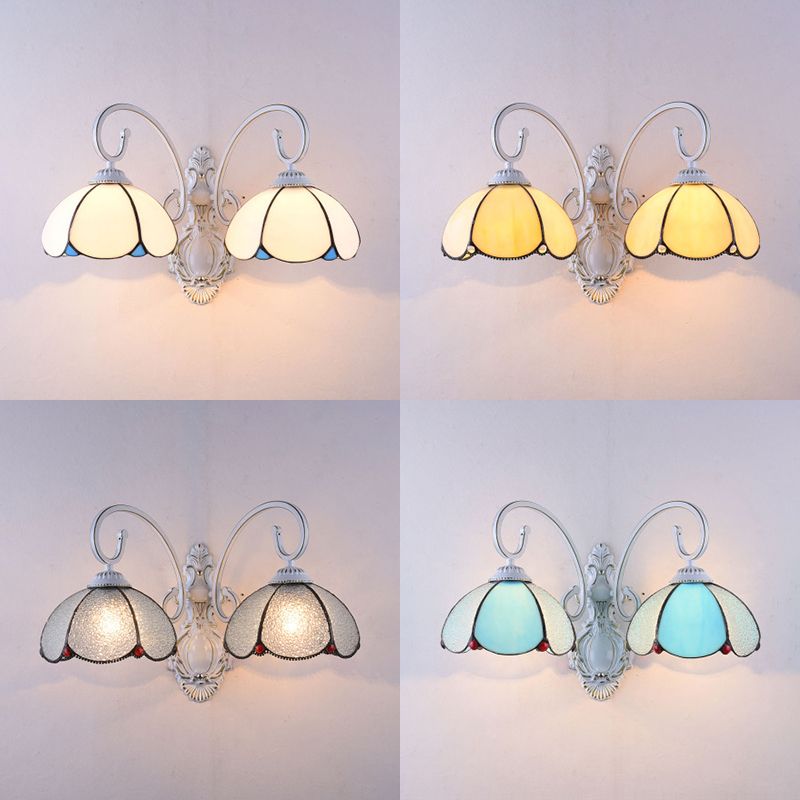 Stained Glass Scalloped Wall Light with White Curved Arm 2 Lights Traditional Sconce Light in White/Clear/Blue/Beige