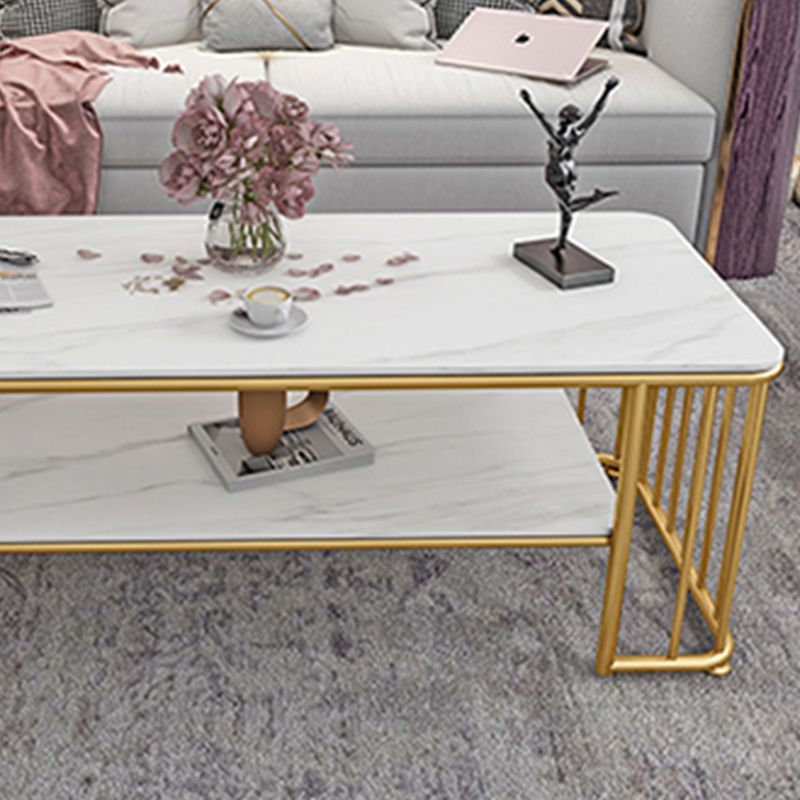 Glam Rectangle Coffee Table with Golden Frame Base and Storage Shelf