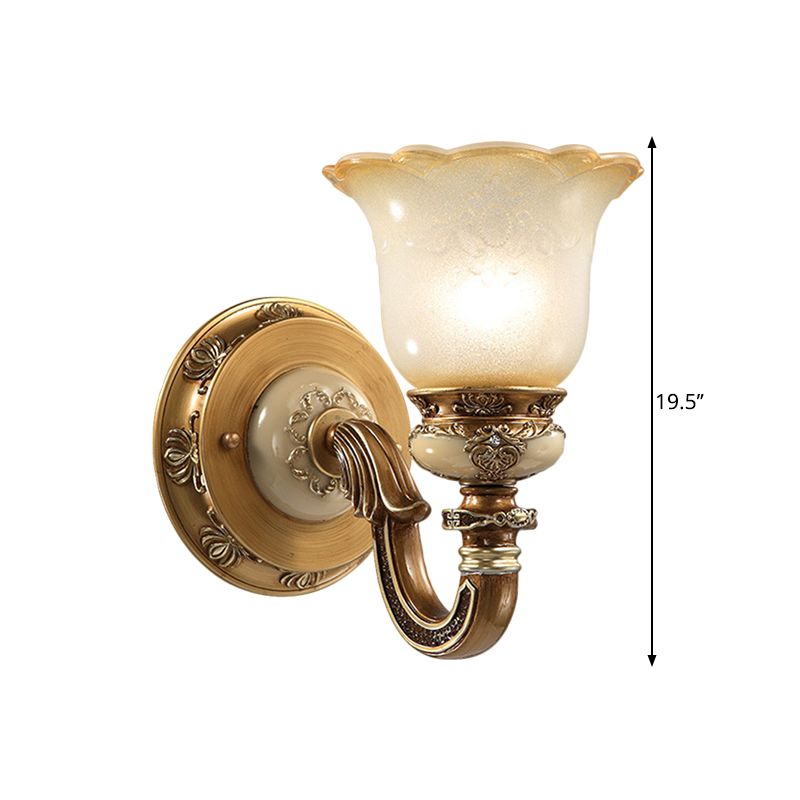 Flower Shape Bedroom Wall Sconce Rustic Milky Glass 1/2-Head Brown Swooping Arm Wall Mounted Light Fixture