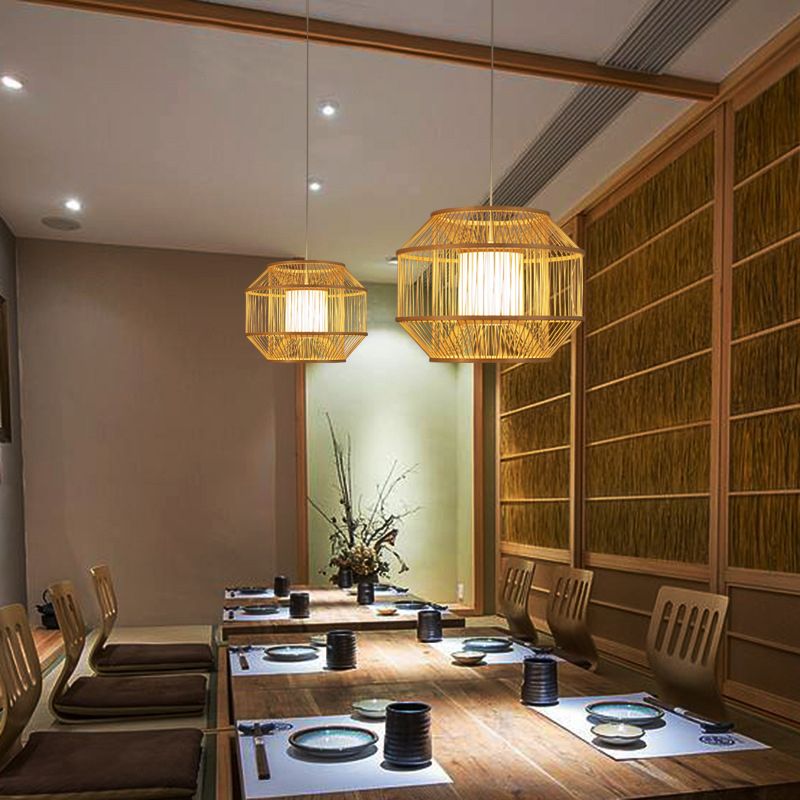 Beige Round Lantern Pendant Chinese Style 1 Bulb Bamboo Hanging Light for Dining Table