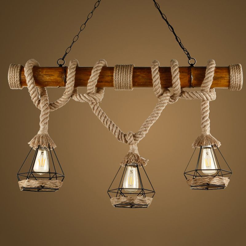 3 - Head Industrial Kitchen Island Fixture Hemp Rope Ceiling Pendant Light