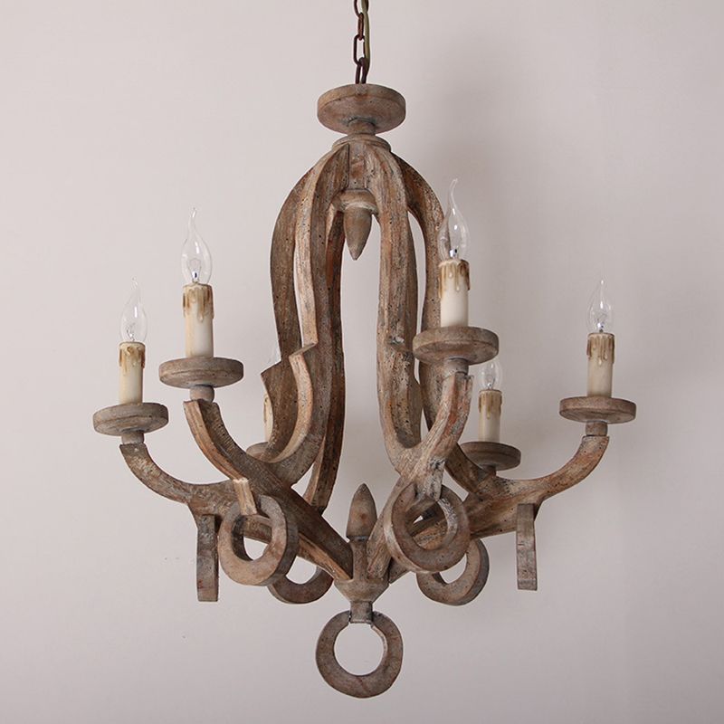 Wooden Candlestick Chandelier Pendant Light Vintage 6 Bulbs Living Room Hanging Light