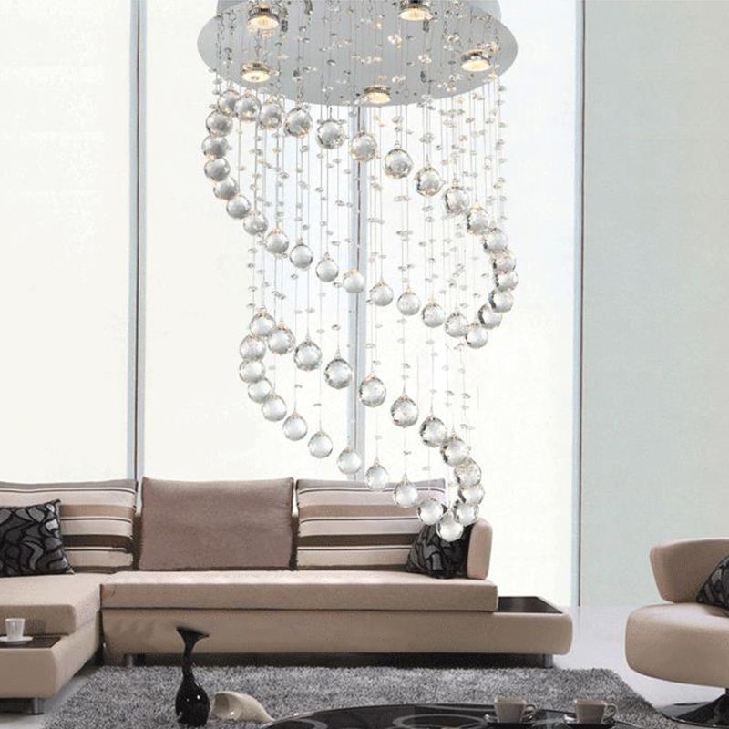 Nickel Circle Flush Mount Lighting Modern 5 Heads Crystal Sphere Flush Light Fixture for Living Room