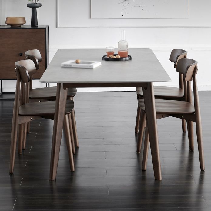 Mid-Century Modern Dining Table Gray Sintered Stone 4 Legs Dining Table with Wooden Base