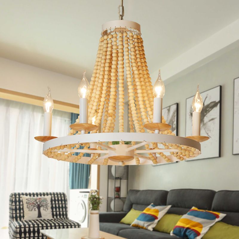 Lámpara de candelabro de madera rústica 6 cabezas kit de lámpara colgante amarilla para sala de estar