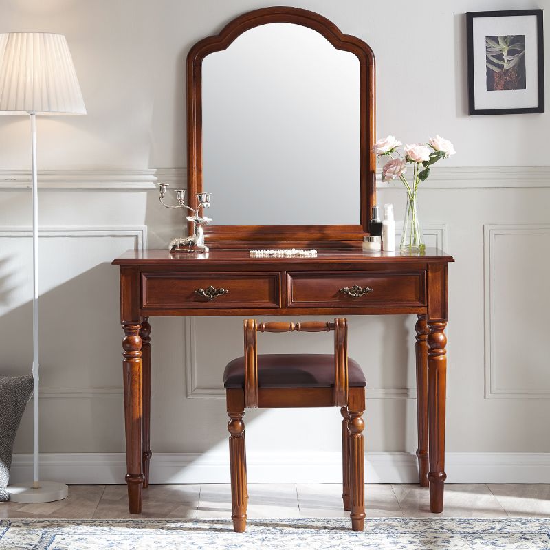 Brown Solid Wood Vanity Set with Stool Set 17.71" Wide Dresser with 2-Drawer