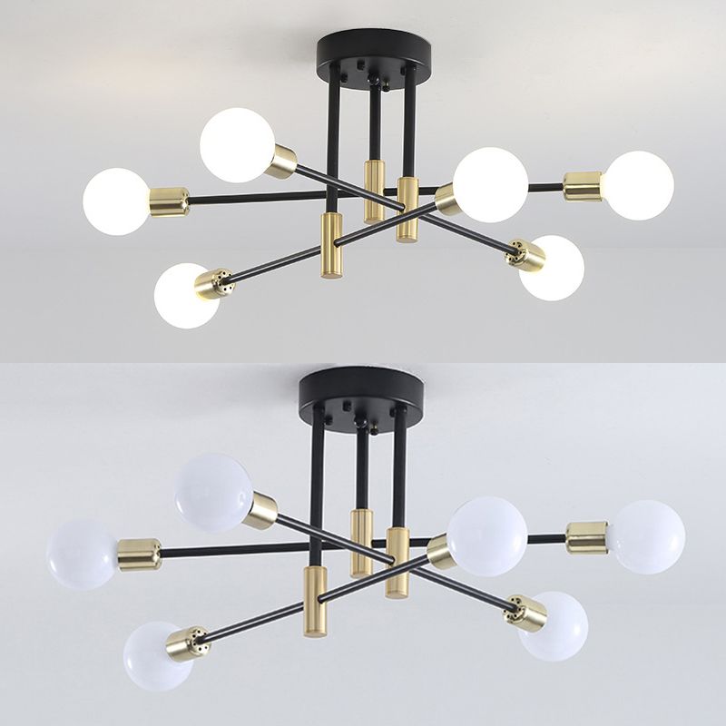 Black and Gold Semi Flush Mount in Industrial Creative Style Wrought Iron Radial Ceiling Light