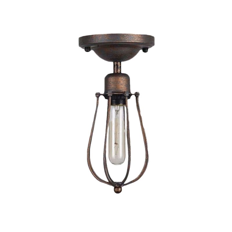 1 Bulb Ceiling Lighting with Wire Guard Wrought Iron Antique Style Bedroom Mini Semi Flush Light in Dark Rust