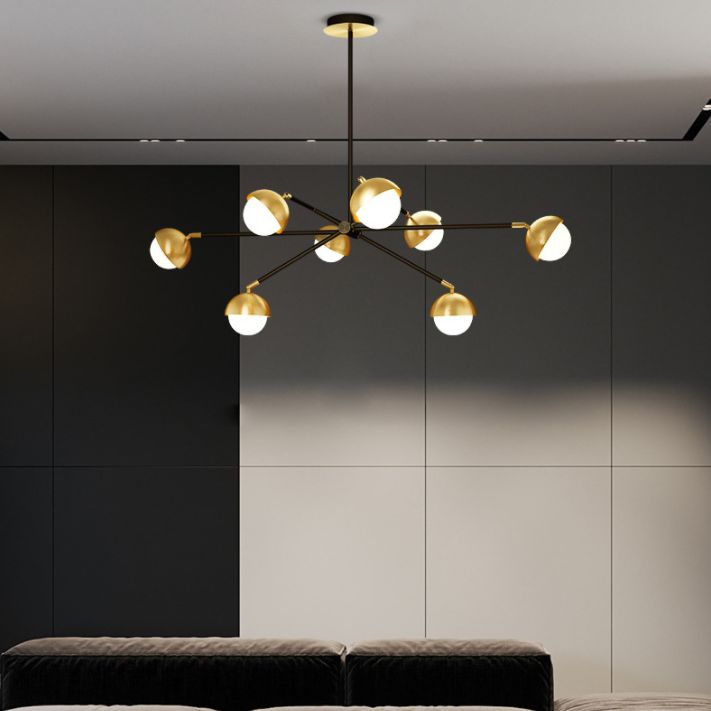 Postmodern Sputnik Chandelier Metal Living Room Pendant Light with White Glass Shade