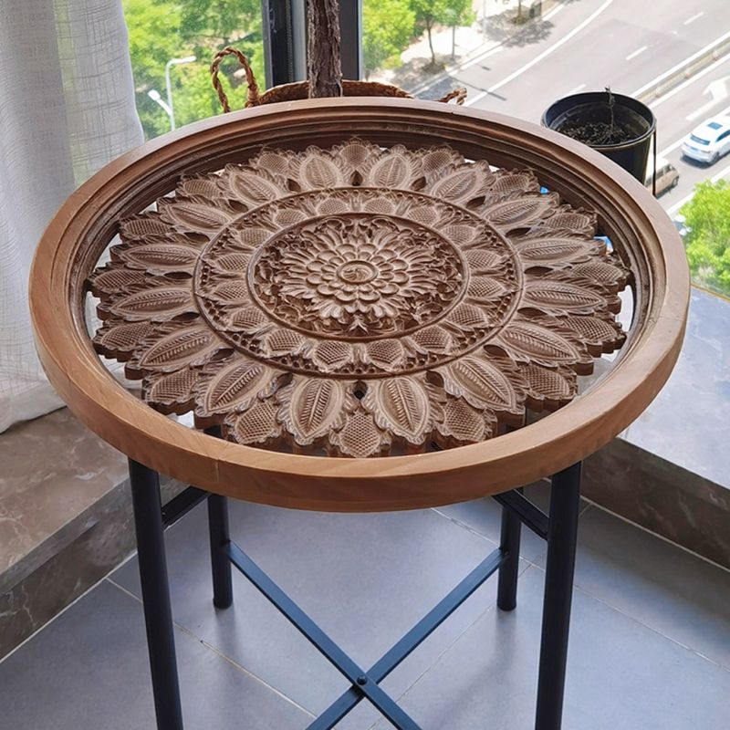 Dia 19.7" Cross Legs End Table Distressed Wood Side Table with Engraved Design