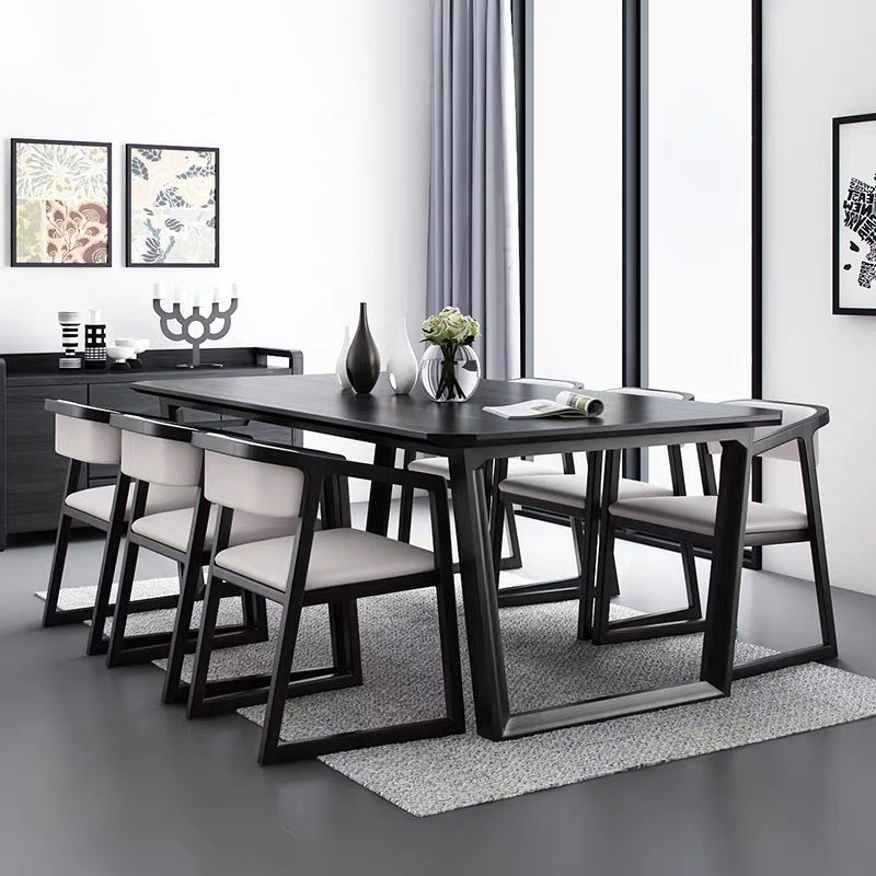 Rectangle Industrial Dining Table Black Ashwood Solid Wood Fixed Table