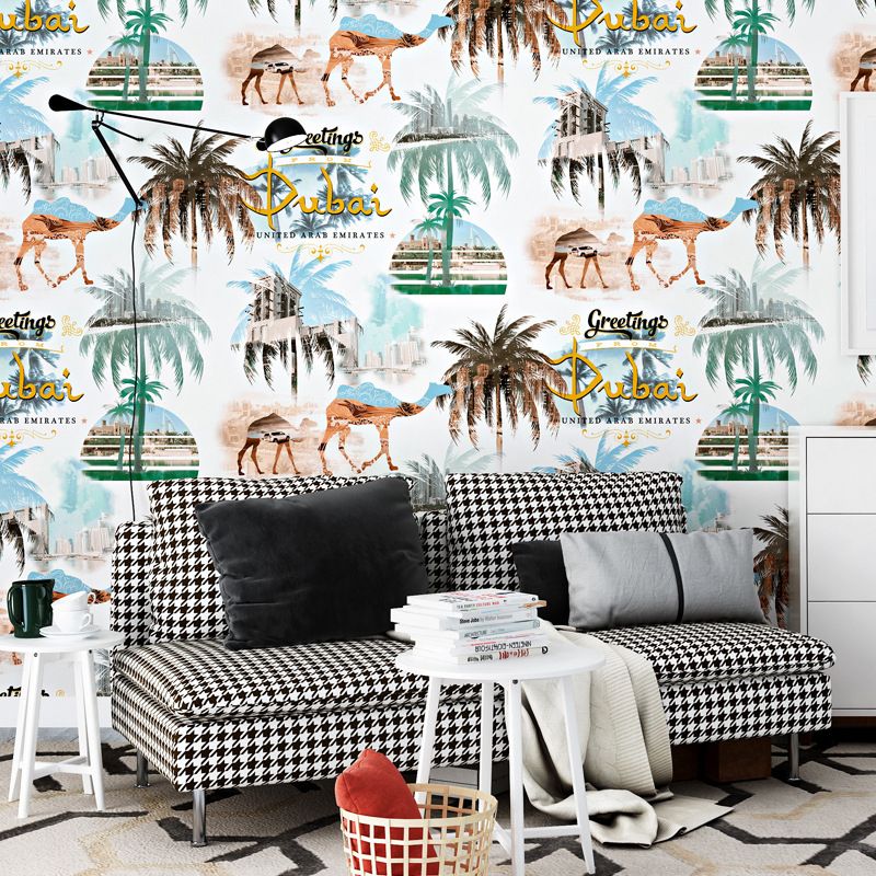 Camel and Coconut Tree Wallpaper 33' by 20.5" Thai Tropical Non-Pasted Wall Decor in Multi-Color