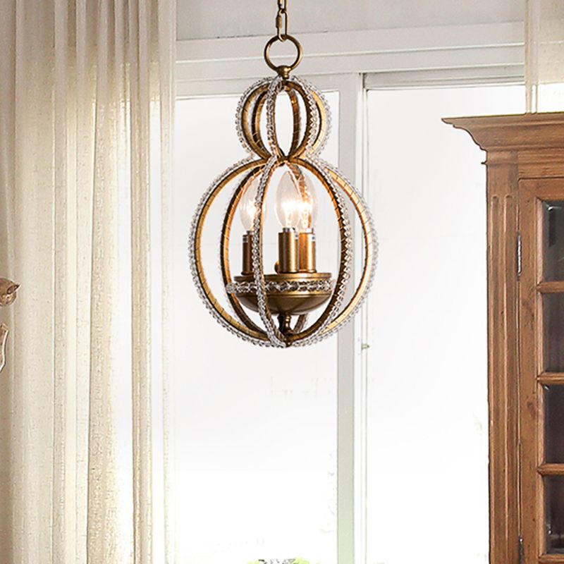 Gourd Metal Hanging Chandelier Retro 3 Heads Brass Ceiling Pendant Light with Crystal Bead