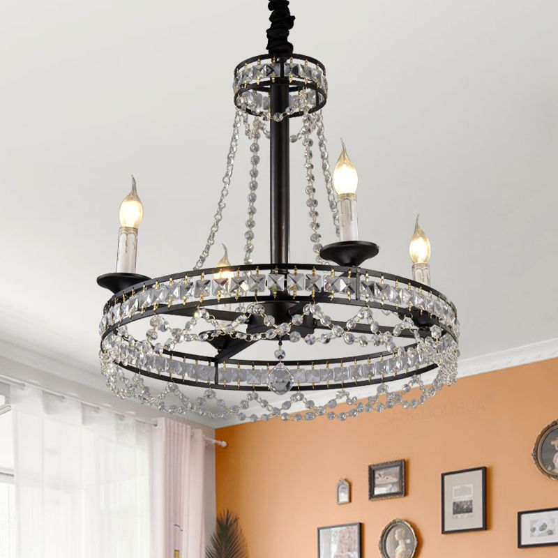 Black 4/6-Light Chandelier Lamp Traditional Wheel Crystal Strand Hanging Ceiling Light for Bedroom
