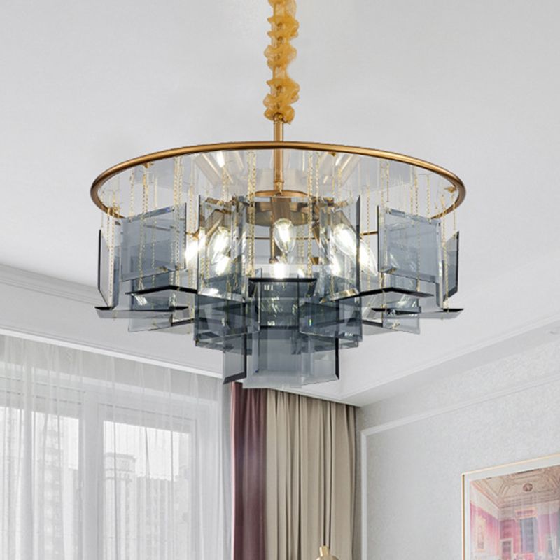 Rookgrijs kristal vierkant kroonluchter lamp eigentijds 8 lichten plafond hanger met cirkelontwerp