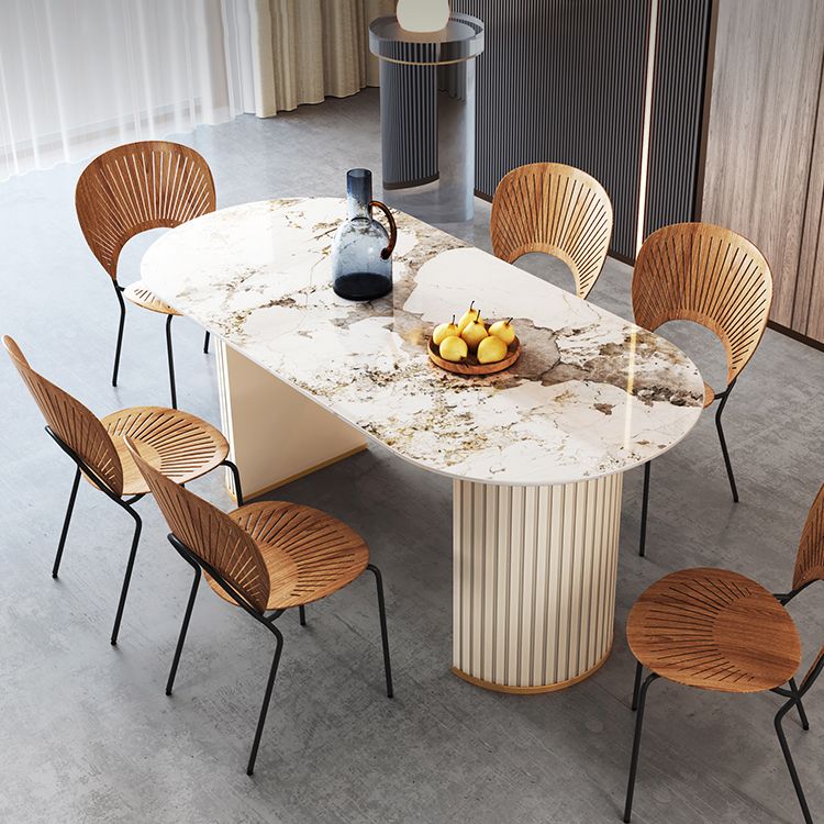 Metal Modern Oval Dining Table Sintered Stone Top Table with Double Pedestal