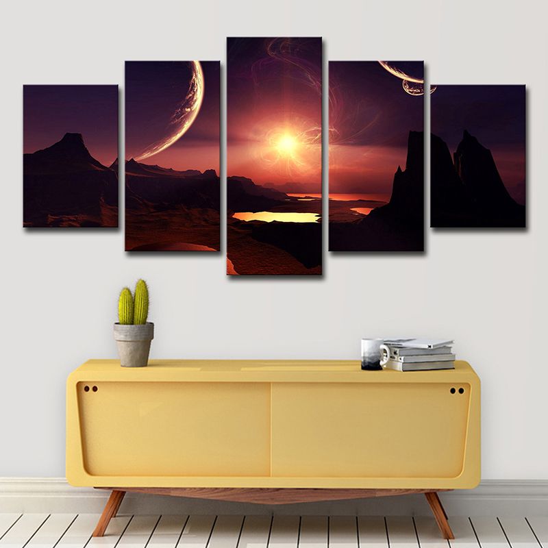 Purple-Red Science Fiction Canvas Print Mountain with Sunset Glow Landscape Wall Art for Room