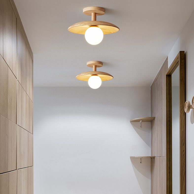 Log Color Globe Semi Flush Mount in Modern Simplicity Wooden Indoor Ceiling Light with Glass Shade