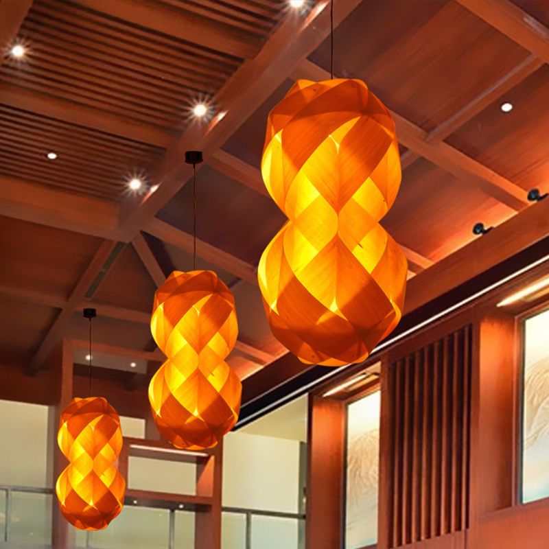 1 Bulb Hand Woven Pendant Light Chinese Wood Suspended Lighting Fixture in Beige