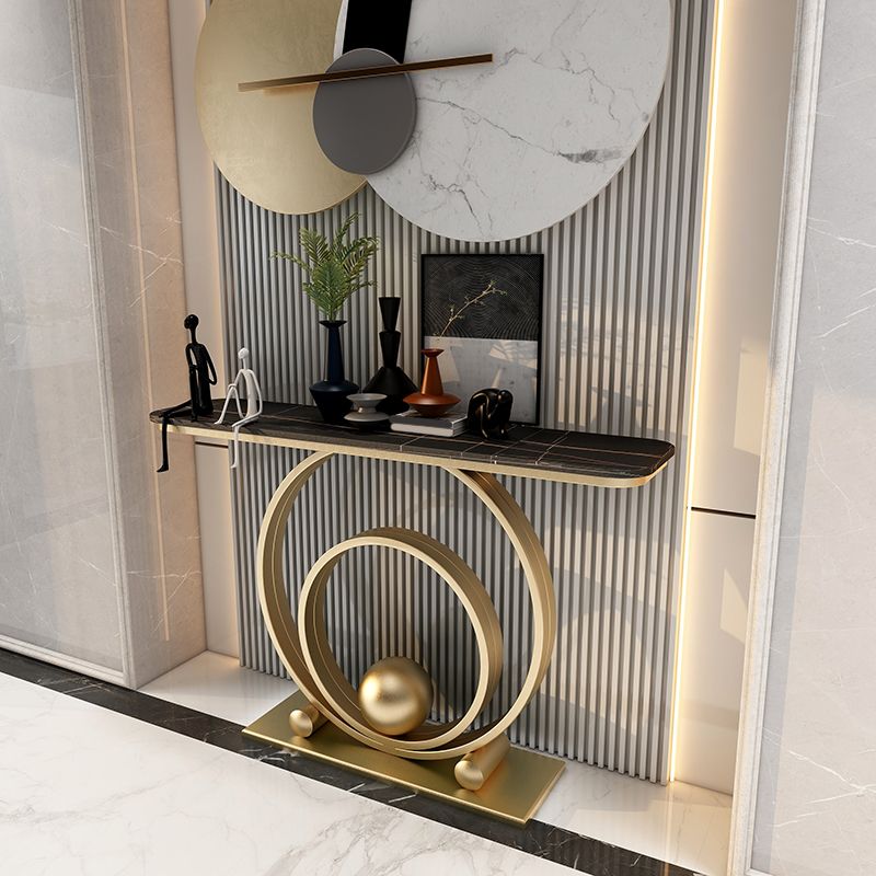 Glam Style Rectangle Top Accent Table with Stone Top and Irone Base for Hall