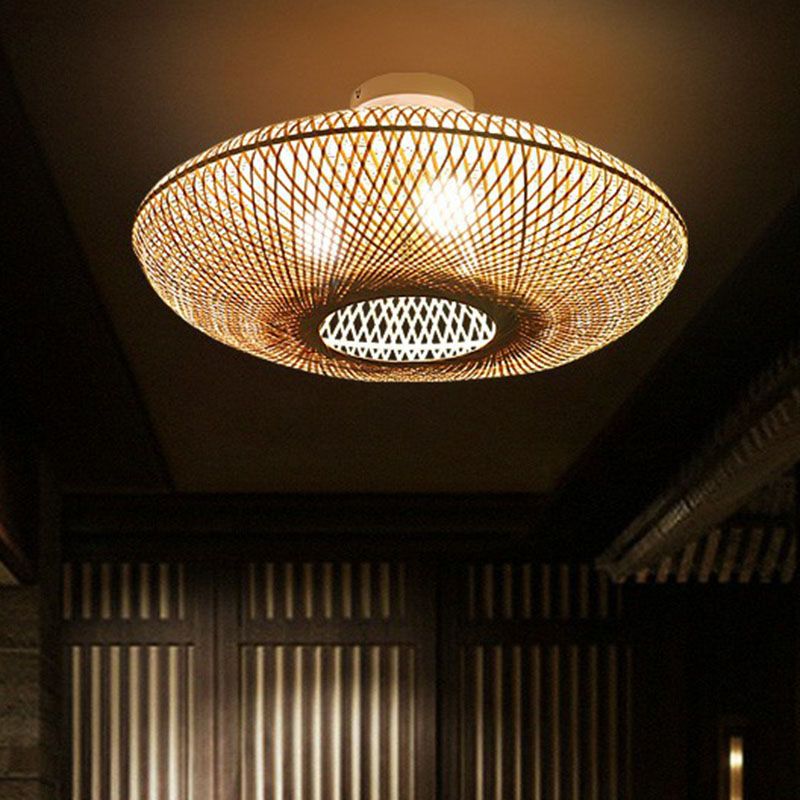 Lantern Bamboo Flush Mount Lighting Minimalist 3 Bulbs Wood Flush Mount for Bedroom