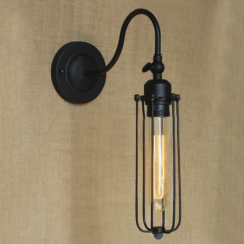 Black Globe/Oval Cage Wall Mount Light with Gooseneck Arm Retro Style Metallic 1 Head Bedroom Mini Wall Lamp