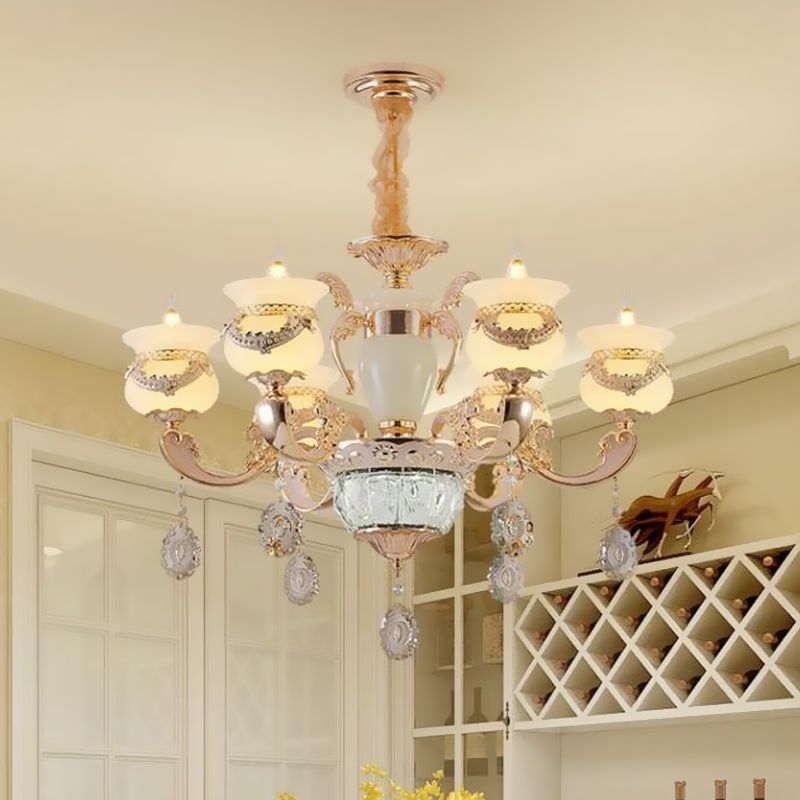 Heldere glazen kaarsen kroonluchter traditionele 6/8 kops slaapkamer hangend licht in goud met kristal draperen