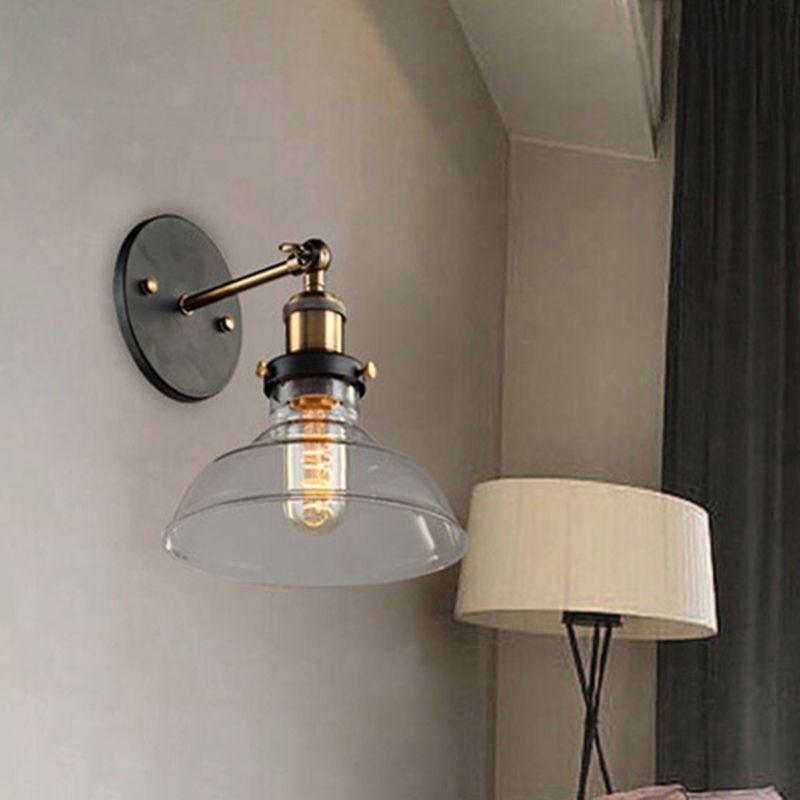 Industrial 1 Light Wall Sconce Aged Brass Arm Wall lighting in Pure Glass Barn Shade