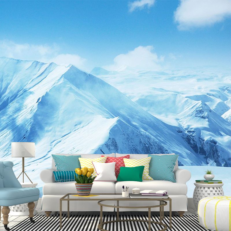 Huge Snowy Mountains Mural Wallpaper Blue Non-Woven Wall Covering, Washable, Custom Made