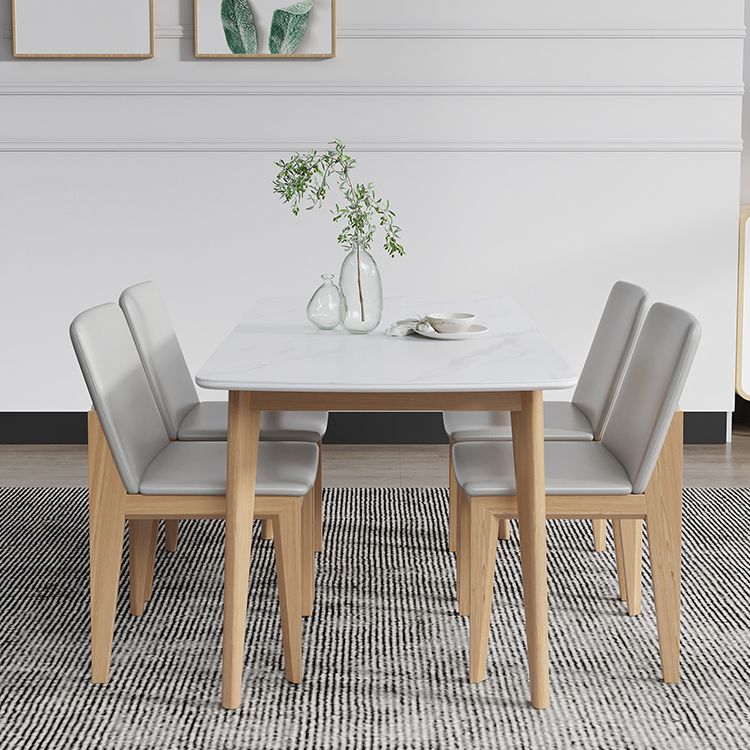 Sintered Stone Top Extendable Table in White Kitchen Table with Ash Wood Base and 4 Legs