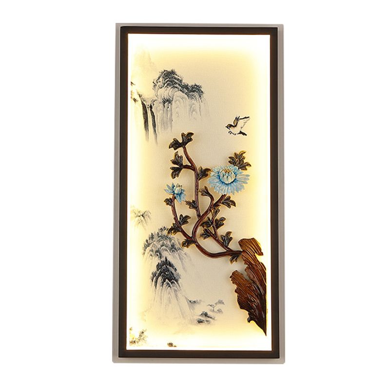 Chrysanths and Mountain Wall Mural Lamp Asian Aluminum Bedroom LED Sconce Light in Black