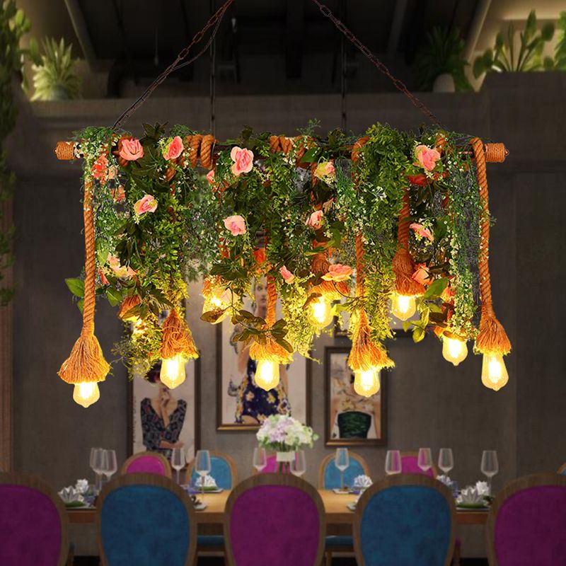 10-Head Exposed Bulb Hanging Lamp Lodge Brown Hemp Rope Island Light with Green Plant Decoration
