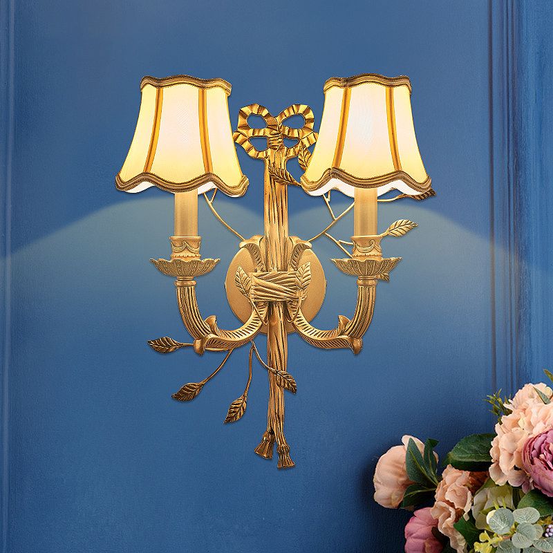 2 Lights Empire Shade Wall Sconce Vintage Brass Fabric Wall Mounted Lighting with Curved Metal Arm